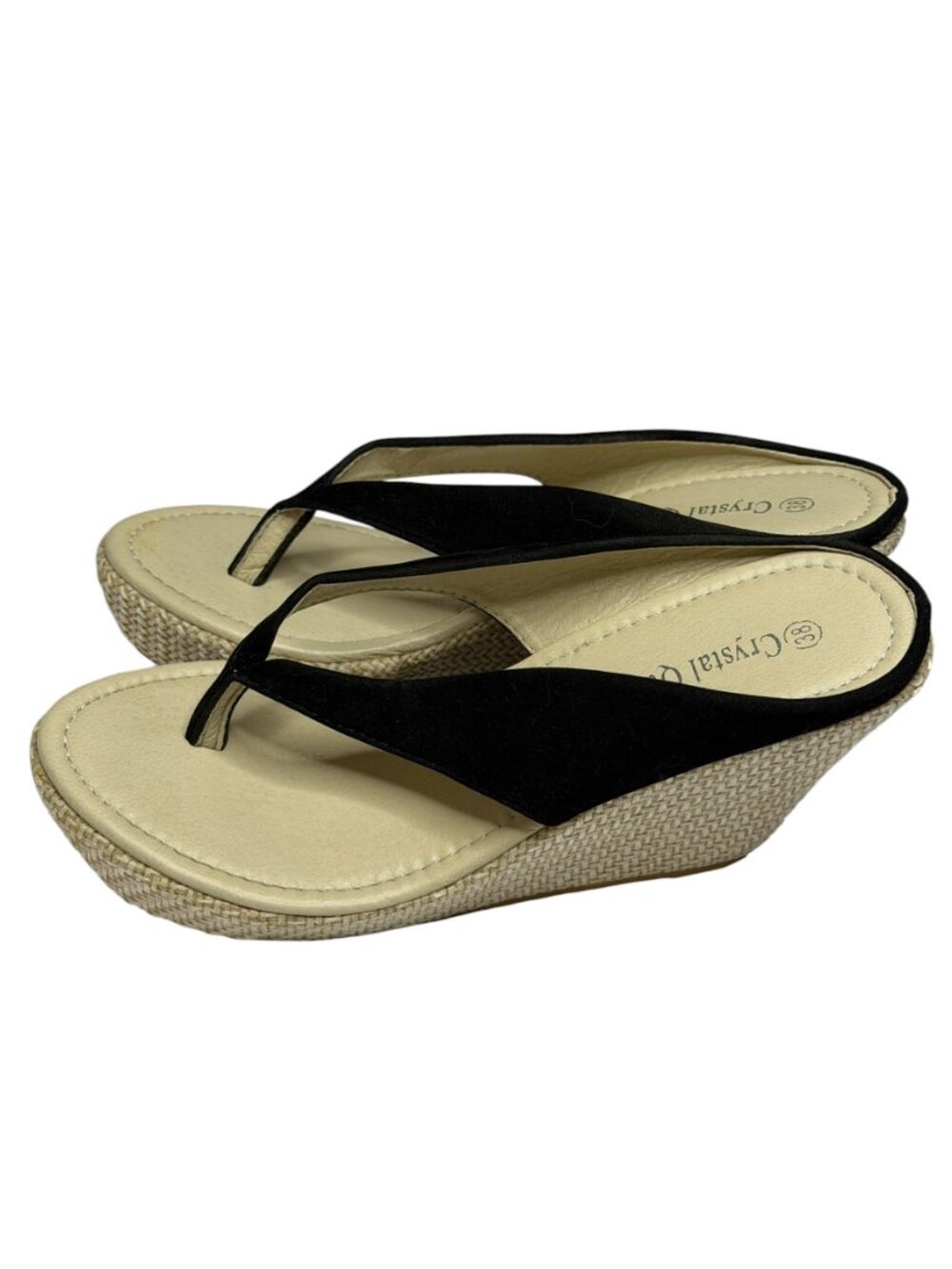Crystal Queen Velvet Sandals Wedge Heel Black 38 US 7.5